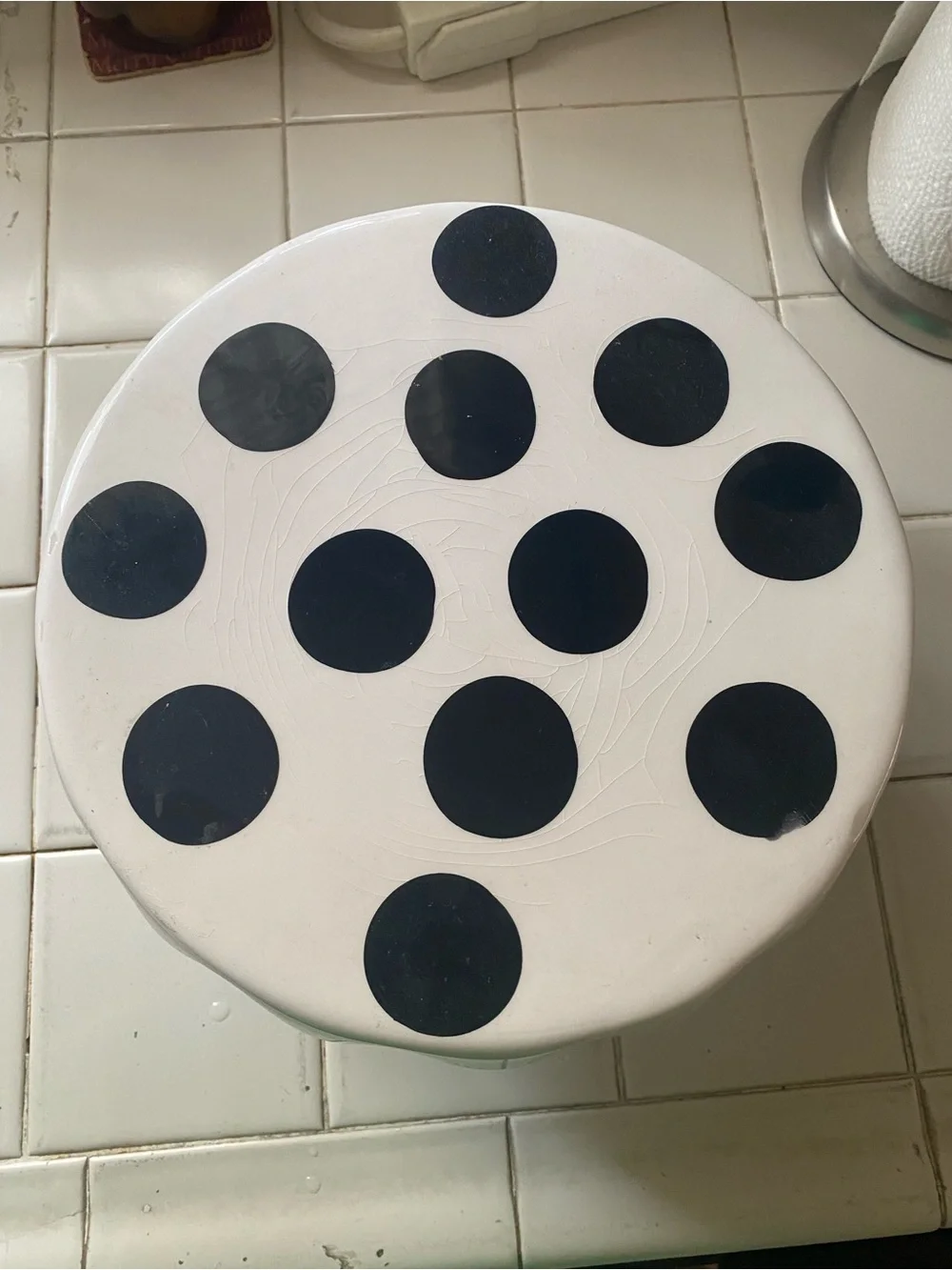 10” White Ceramic Cake Stand with Black Polka Dots and Striped Pedestal